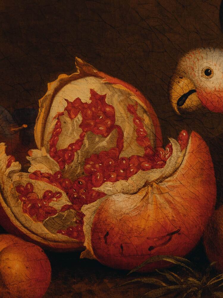 Detail of a still-life painting of a pomegranate and parrot in the dining room at The Salwey Lodge